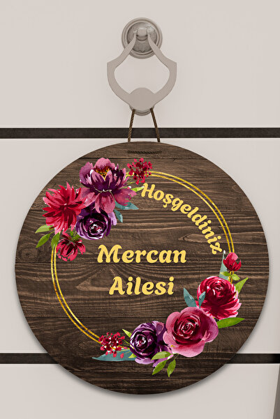 Dormot Dijital Baskı ahşap, kişiye özel mor,pembe çiçek desenli Kapı süsü, Du...