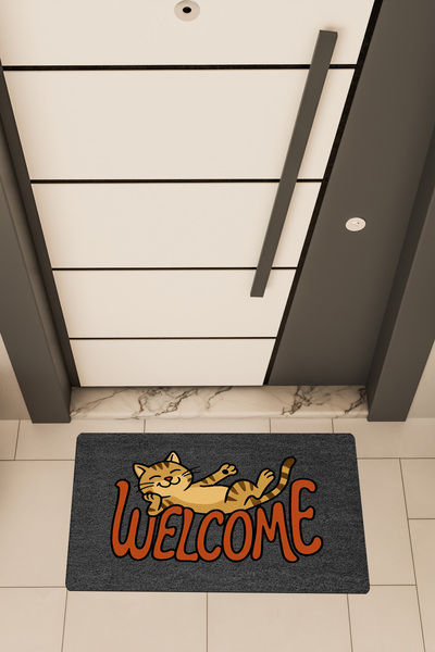 Dormot High Quality Digital Printing Black, Welcome Lying Happy Cat, Themed Door Mat