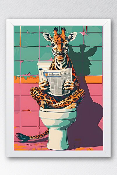 Saturn Giraffe Reading Newspaper on the Toilet Framed Painting - Pop Art Poster Painting