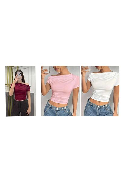 peri tower Advantageous Pack of 3 Burgundy, Pink, Cream Women's Off Shoulder Viscose Blouse with Pleat Detail