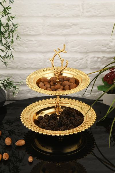 AKSESUAR EVRENİ June Luxury Gold Stainless Metal Presentation and Serving Tray Two-Tier Treat Tray with Decorative Feet