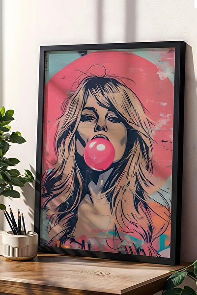 Saturn Bubble Gum Balloon Inflating Woman Framed Painting - Pop Art Poster Painting