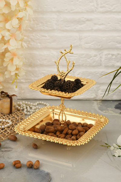 AKSESUAR EVRENİ Melis Luxury Gold Stainless Metal Presentation and Serving Tray Two-Layer Treat Tray with Decorative Feet