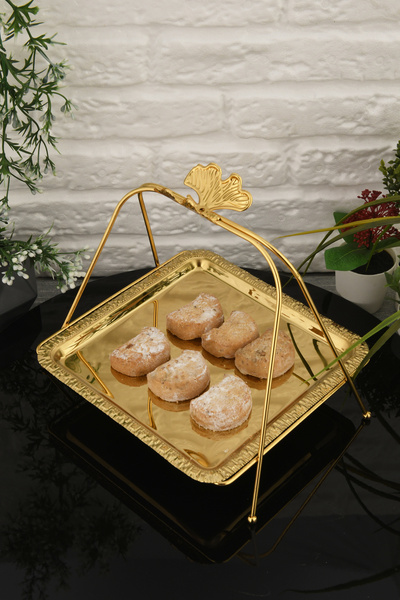 AKSESUAR EVRENİ Mile Luxury Gold Stainless Metal Presentation and Serving Tray Patterned Decorative Footed Treat Tray