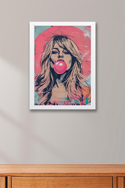 Saturn Bubble Gum Balloon Inflating Woman Framed Painting - Pop Art Poster Painting
