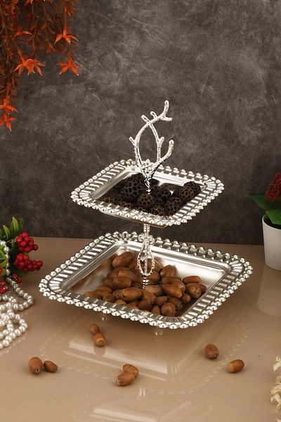AKSESUAR EVRENİ Melis Luxury Silver Stainless Metal Presentation and Serving Tray Two-Layer Treat Tray with Decorative Feet