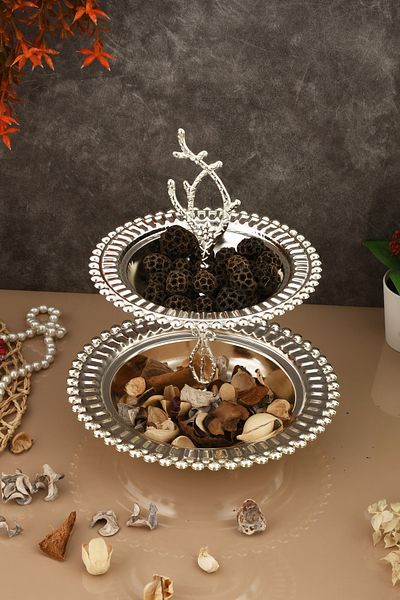 AKSESUAR EVRENİ Juni Luxury Silver Stainless Metal Presentation and Serving Tray Two-Tier Treat Tray with Decorative Feet