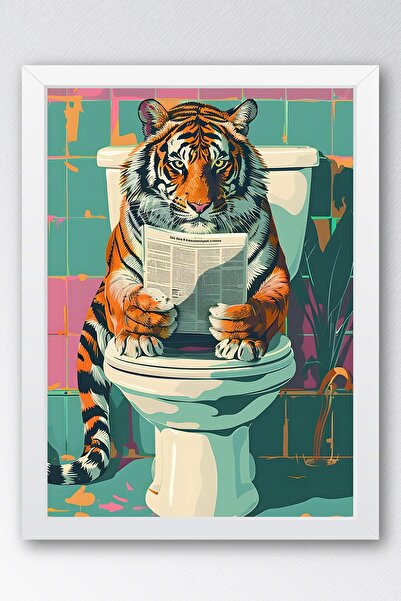 Saturn Tiger Reading Newspaper on the Toilet Framed Painting - Pop Art Poster Painting