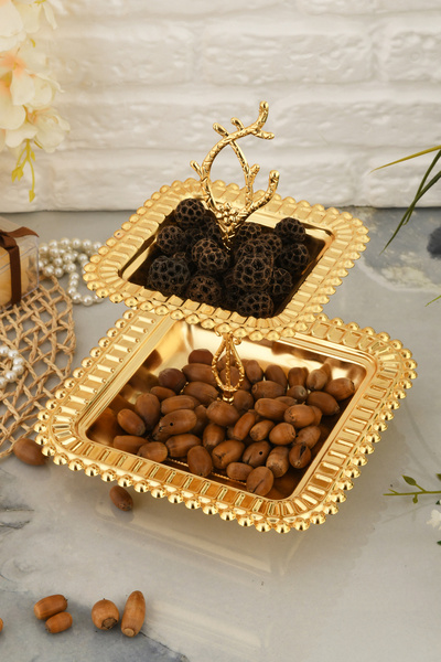 AKSESUAR EVRENİ Melis Luxury Gold Stainless Metal Presentation and Serving Tray Two-Layer Treat Tray with Decorative Feet