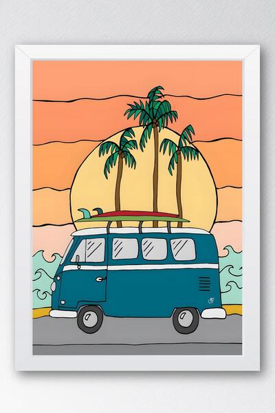 Saturn Journey to the Beach with Volkswagen Minibus Framed Painting - Pop Art Poster Painting