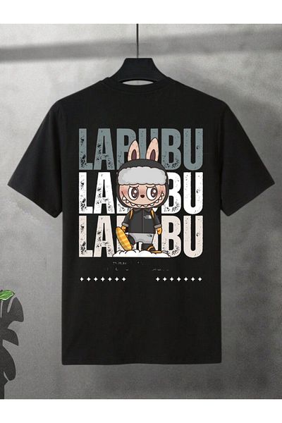 ELNOYA Unisex Cotton Black Oversize "Labubu" Printed Crew Neck Casual T-Shirt