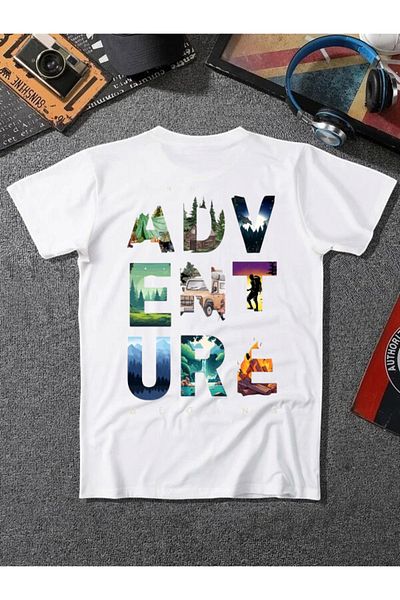 ELNOYA Unisex Cotton White Oversize "Adventure" Crew Neck Printed Casual T-Shirt