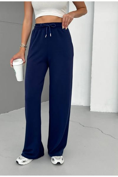 sarıdağ Women's Black Modal Fabric Loose Leg High Waist Palazzo Tracksuit with Lace-Up Waist