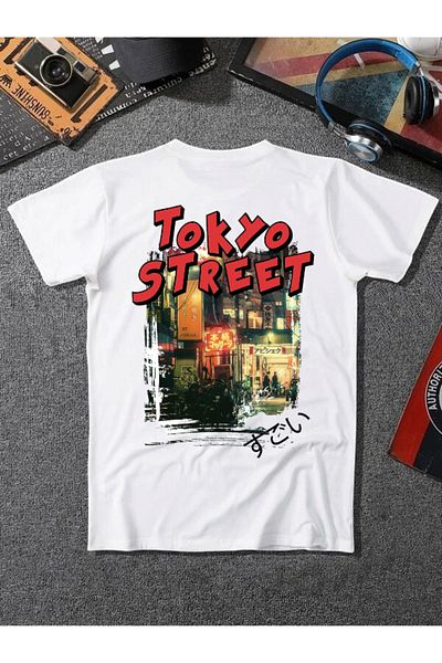 ELNOYA Unisex White Oversize "Tokyo Street" Printed Crew Neck Casual T-Shirt