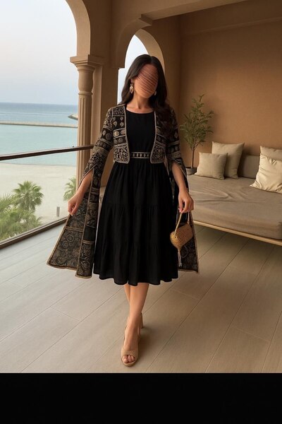 4YOU Short black dress with a gold embroidered jacket for a modern look