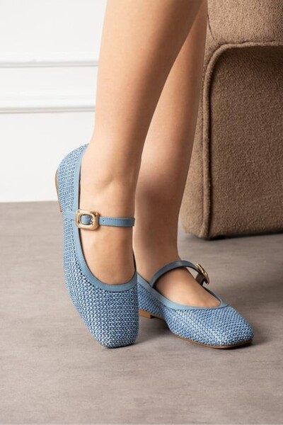 pabucmarketi Blue Straw Woven Women's Ballerinas