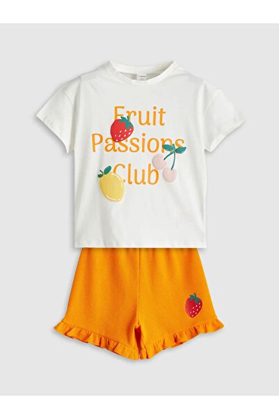 LC Waikiki Lcw Kids Ecru Combed Cotton Printed Girls T-Shirt and Shorts 2 Pack