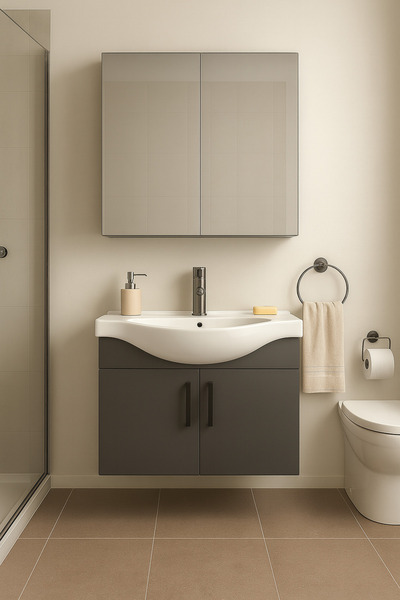 Tasarım Nova 80 cm %100 Mdf Antrasit Renkli, Oval Seramik Lavabolu, Alt- Üst Dolap Banyo Dolabı Takımı