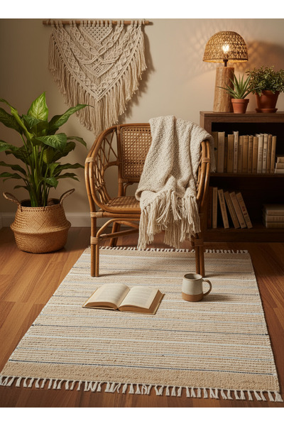 EVİMOD Eko Halı ECH 05 Natural Grey Silinebilir Jüt Hasır El Dokuma Kilim Sis...