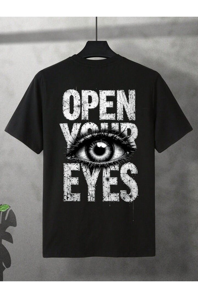 ELNOYA Unisex Black Oversize "Open Your Eyes" Printed Crew Neck Comfortable T-Shirt