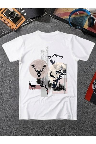 ELNOYA Unisex Cotton White Oversize "Deer" Printed Crew Neck Comfortable T-Shirt