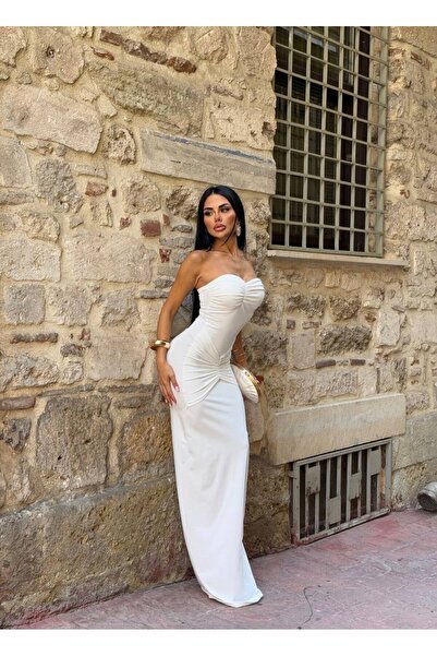 Miss Beyoğlu Μακρύ φόρεμα με σχέδιο Γοργόνας, λαιμόκοψη καρδιά και σούρες