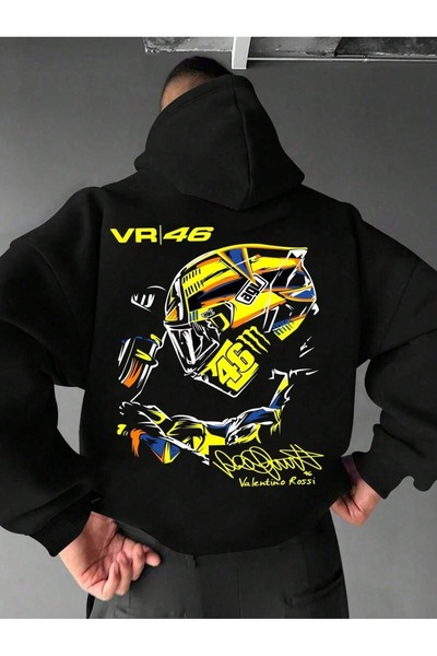 OVER HEAD Hanorac negru pentru bărbați VR46 cu imprimeu cu 3 fire oversize