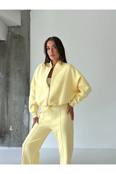 Zeynep Öykü Style Kadın 3 iplik İçi Şardonlu Penye Kumaş Çımalı Eşofman Takımı