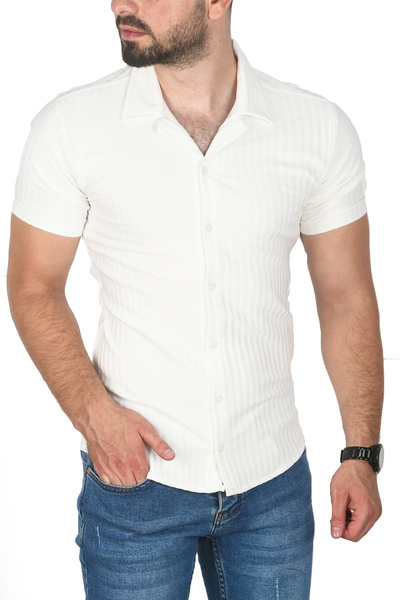 DeepSEA Men's White Slim Fit Apaş Collar Short Sleeve Combed Cotton Shirt Jacquard Fabric Slim Fit Sports Shirt 2501217