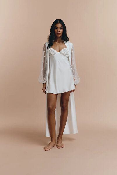 lousa Silky Satin Sleeves Long Bridal Dressing Gown with Pearl Detail