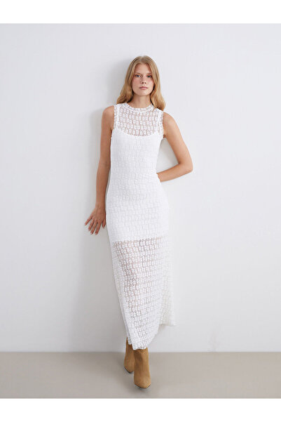 LC Waikiki Lcw Vision Ecru Crew Neck Lace Dress W5Ld13Z8