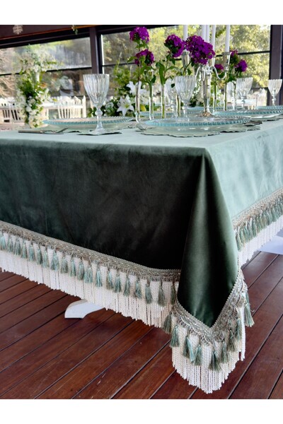 EVİMKOKOŞ Silk Velvet Tablecloth with Fringes
