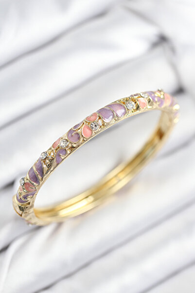 Skygo Mineli Brass Zircon Stone Pink Purple Flower Motif Gold Women's Handcuf...