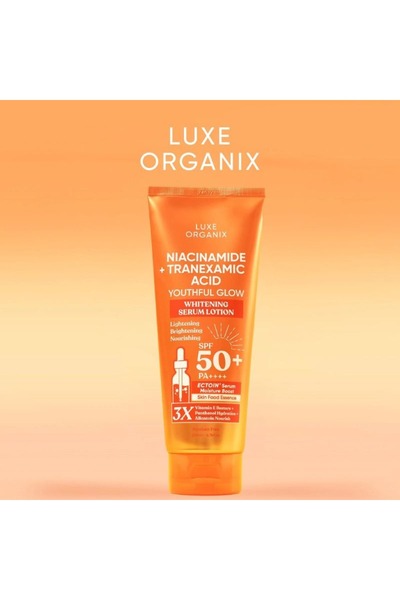 LUXE ORGANIX Niacinamide + Tranexamic Acid Youthful Glow Whitening Serum Lotion SPF50+ PA++++ (Orang