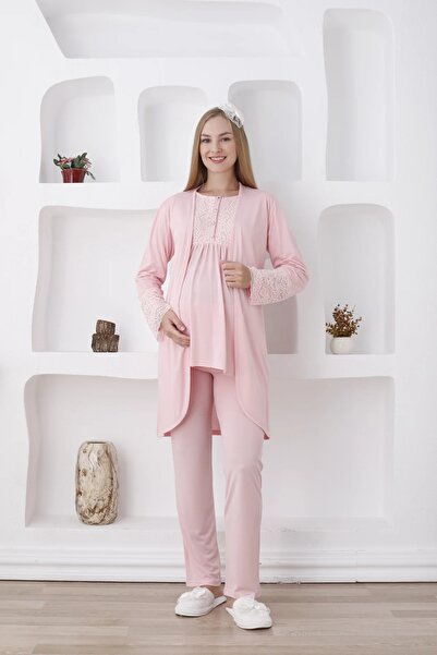 TREND Dantelli Yaka Sabahlıklı Lohusa Pijama Takımı - 3427