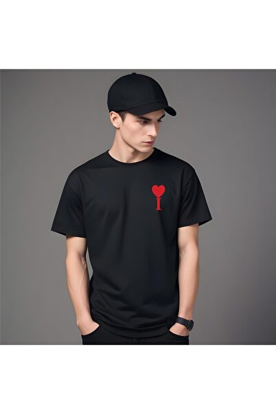 Free Tarz تيشيرت أسود مطبوع عليه قلب بحرف I