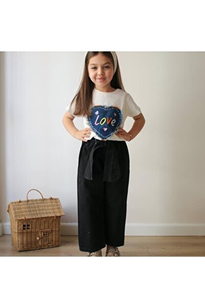 KOKOŞ BEBEK Girls' Love Printed T-Shirt and Black Pants Set (Age 3-10)