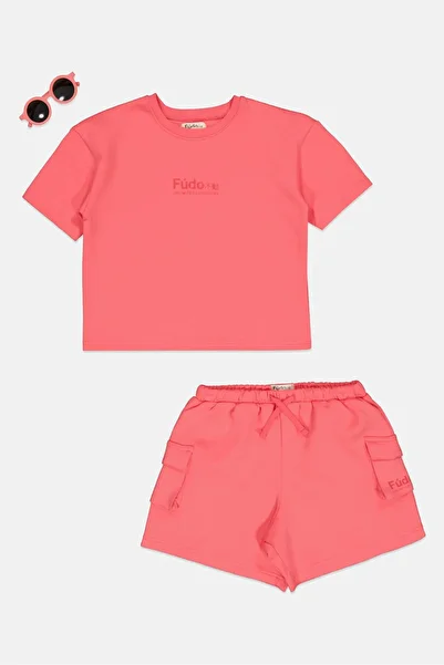 Fudo Kids Girl 3 Piece Brand Logo T-shirt, Shorts And Sunglasses Set, Pink