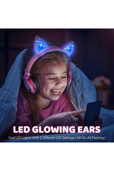 erorex Cat Ear Kids Headphones Wired Led Light Up Headset 85Db Volume Limit Adjustable Cute Kitty