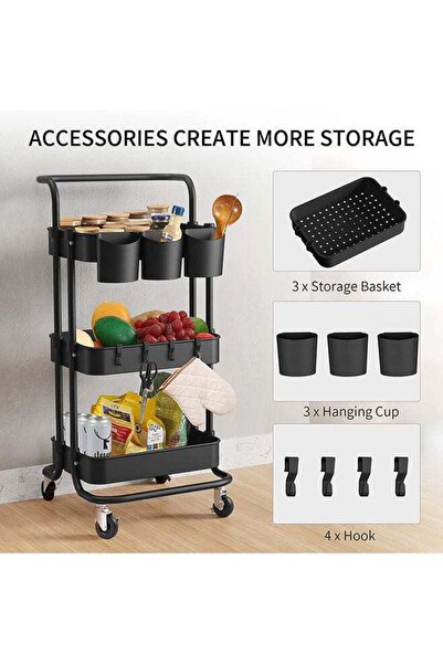 COOYA 3-Tier Multifunction Storage Trolley,with Mesh Basket Handles, 4 wheels for Bathroom, Kitchen Office