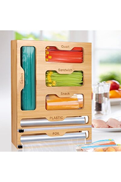 erorex Bag Organizer Plastic Wrap Dispenser Cutter, 6 1 Bamboo Foil Plastic Wrap Organizer Kitchen Drawer,