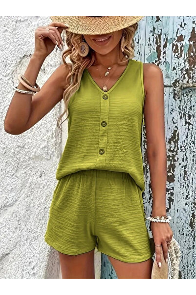 MODA55 Women's Strappy Sleeveless V-Neck Front Buttoned Wrap Blouse and Short Double Set