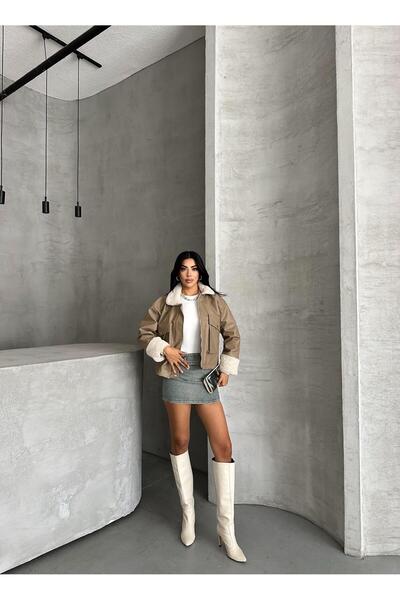 FERZOLAİO Beige Fur Collar Bellows Leather Jacket