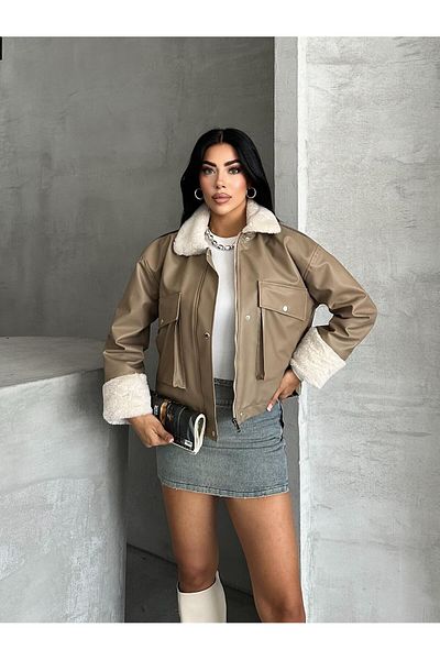 FERZOLAİO Beige Fur Collar Bellows Leather Jacket
