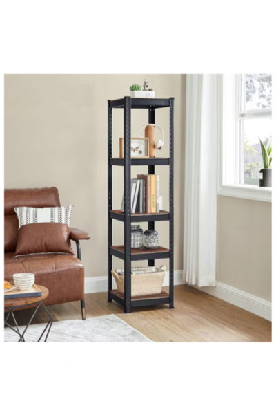 STRATEGIC Black painted metal shelf 5 MDF shelves 180x30x30 cm 100kg /shelf, screw-free assembly