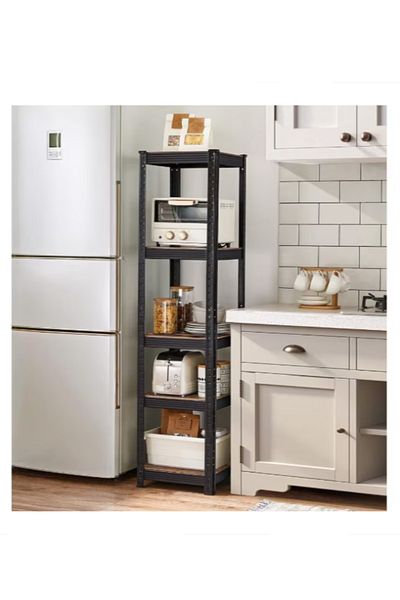 STRATEGIC Black painted metal shelf 5 MDF shelves 180x30x30 cm 100kg /shelf, screw-free assembly