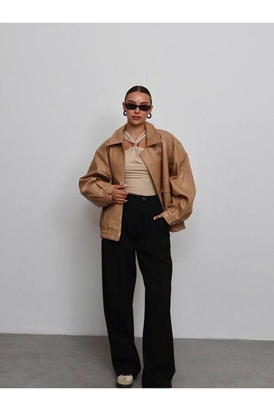 D'RECCY Women's Masculine Oversize Bomber Thin Leather Jacket