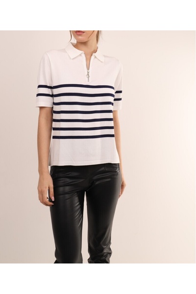 Butik Şans Short Sleeve Stripe Detailed Zippered Knitwear Blouse Sweater