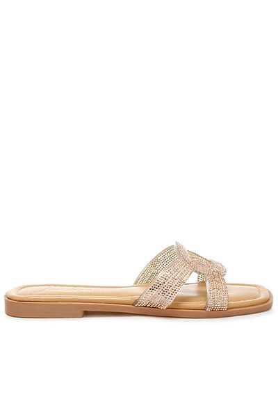 london Rag Women Rhinestones Embellished Flat Sandals in Rose Gold