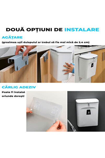 Elindor 9L kitchen trash can with lid, countertop or under sink mounting, white